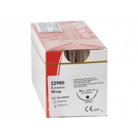 Sutura truglyde fast, calibre 1/0, curva 1/2, aguja de 40 mm a 90 cm, incolora, paquete de 12 unidades.