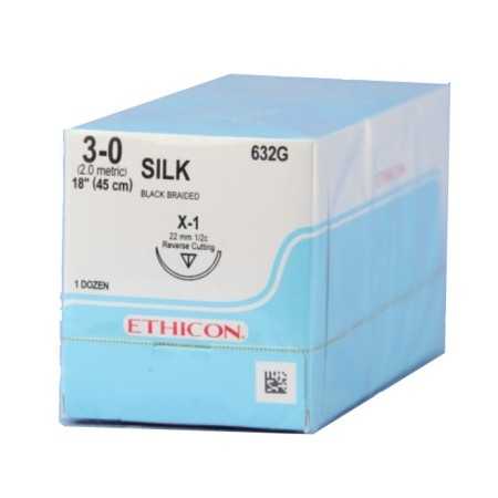 Suture non résorbable Ethicon Perma-Hand 632G avec aiguille 1/2 22mm USP 3/0 noir - 1 pc.