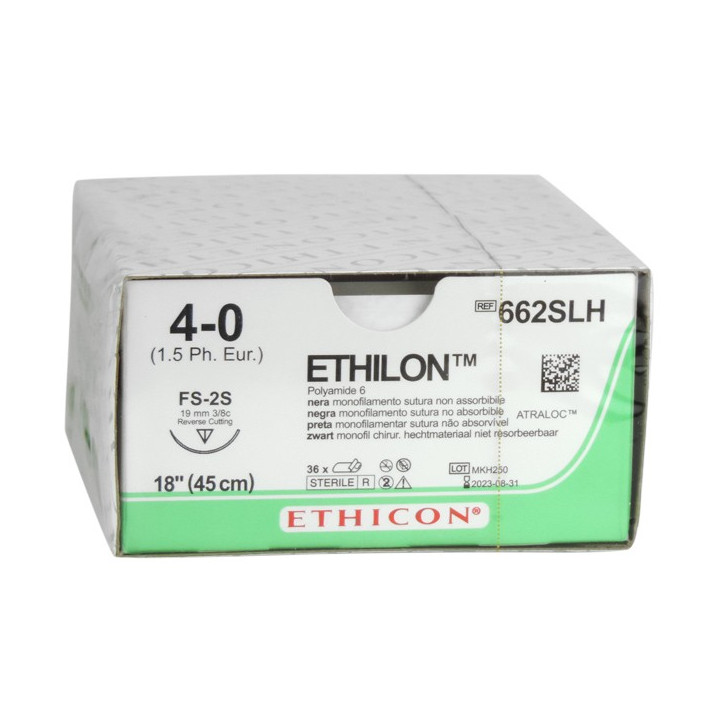 Suture non absorbable Ethicon Ethilon 662SLH avec aiguille 3/8 19mm USP 4/0 Noir - Pack d’une seule suture