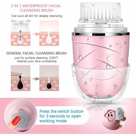 Escova de limpeza facial 3 em 1 rosa