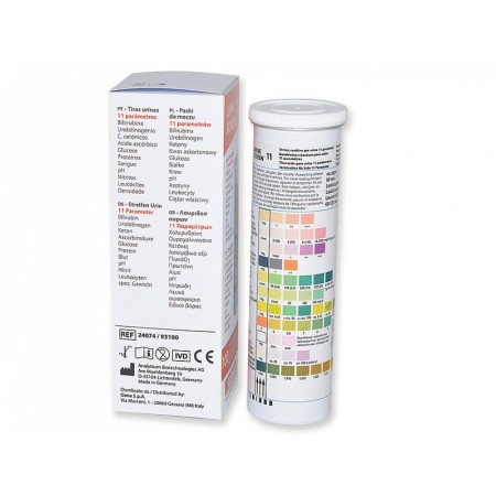Urineteststrips in flesjes - 11 parameters - professioneel - verpakking van 100 stuks.