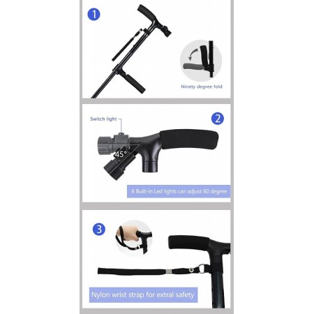 Anteamed folding walking stick with led light and adjustable height