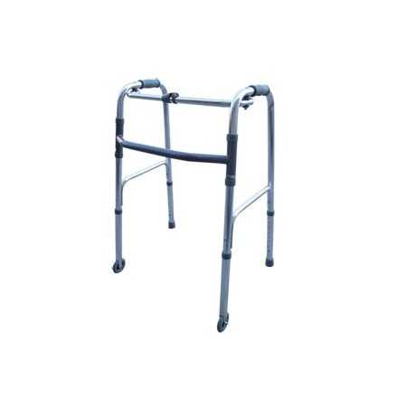 Foldable, height-adjustable rollator with 2 tips and 2 fixed wheels