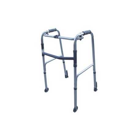 Foldable, height-adjustable walker with 2 wheels and 2 tips with self-locking