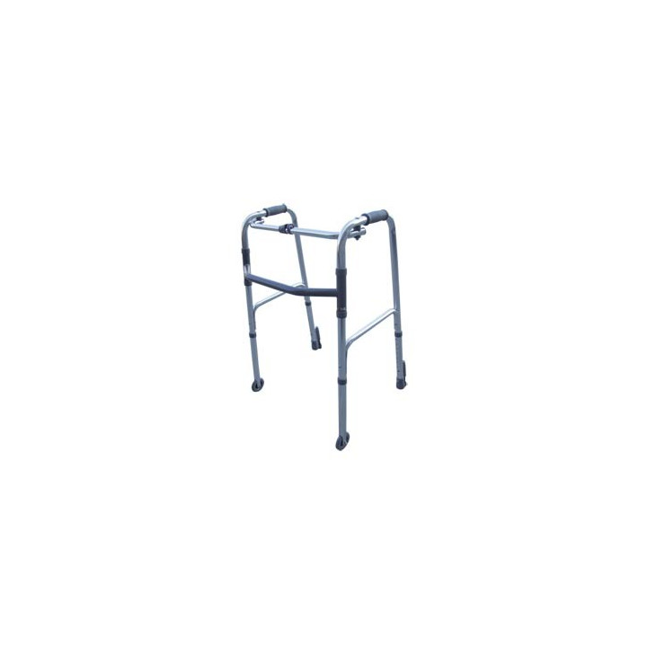 Foldable, height-adjustable walker with 2 wheels and 2 tips with self-locking