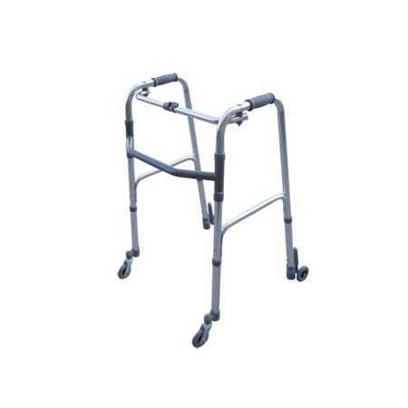 Foldable walker, height-adjustable with 2 swivel castors and 2 castors with self-locking system