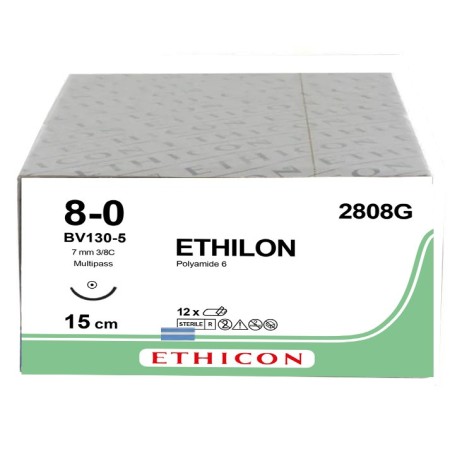 Ethicon Ethilon monofilamentový šev - jehla 8/0 6,5 mm - balení 12 kusů.