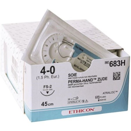 Ethicon perma-hand zijden hechtdraad - 4/0 naald 19 mm - verpakking van 36 stuks.