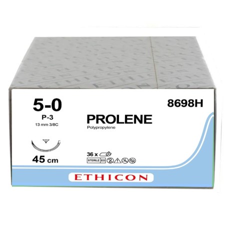 Suture monofilament bleu ethicon prolene - aiguille 5/0 13 mm p-3 - paquet de 36 pièces.