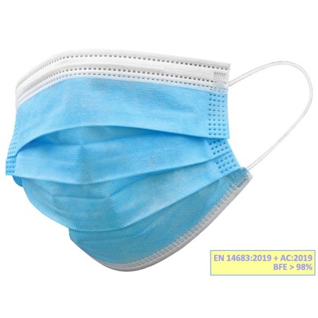 Gisafe 98% 3-ply filtering surgical mask type iir with elastic bands - adults - light blue - individually wrapped - box -