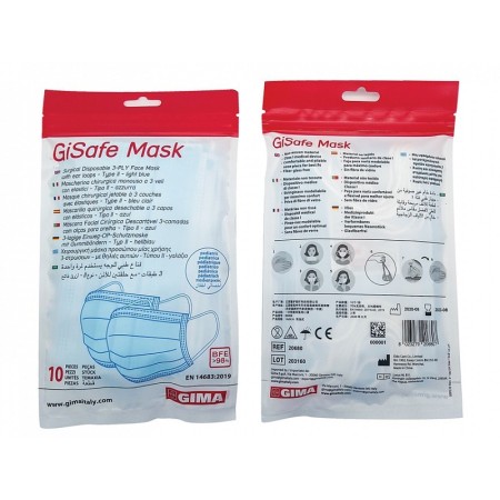 Masque chirurgical filtrant gisafe 98% 3 plis type iir avec bandes élastiques - pédiatrique - bleu clair - flowpack - pack de 10