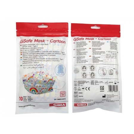 Gisafe mascherina chirurgica filtrante 98% 3 veli tipo iir con elastici - pediatrica - cartoon - flowpack - conf 10 pz.