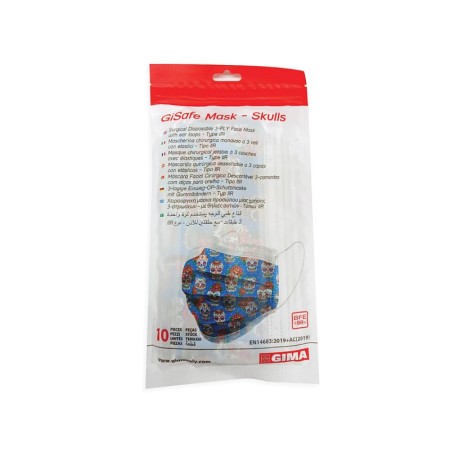 Maska chirurgiczna filtrująca gisafe 98% 3-warstwowa typu iir z gumkami - dorośli - czaszki - flowpack - pack 10 szt.