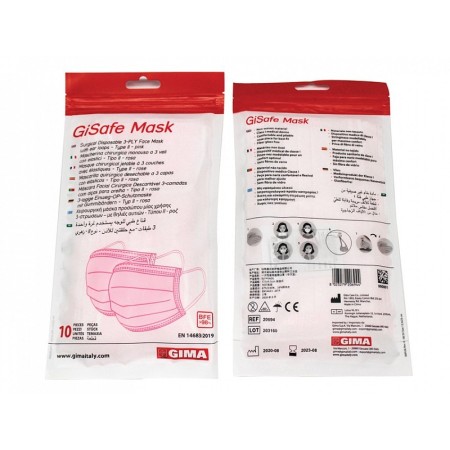 Mască chirurgicală filtrantă gisafe 98% tip iir cu 3 straturi - adulți - roz - flowpack - pachet de 10 buc.