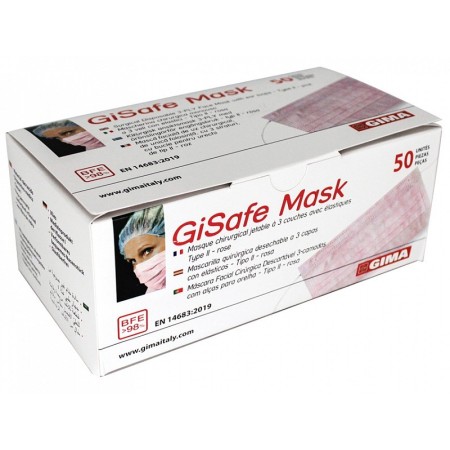 Gisafe filtering surgical mask 98% 3-lagig typ iir mit gummibändern - erwachsene - rosa - box - packung mit 50 stk.