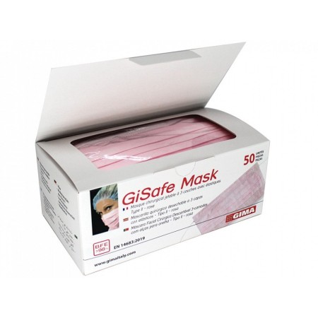 Gisafe filtering surgical mask 98% 3-lagig typ iir mit gummibändern - erwachsene - rosa - box - packung mit 50 stk.