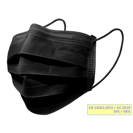 Gisafe 98% mască chirurgicală filtrantă cu 3 straturi, tip iir cu benzi elastice - adulți - negru - cutie - pachet 50 de bucăți.