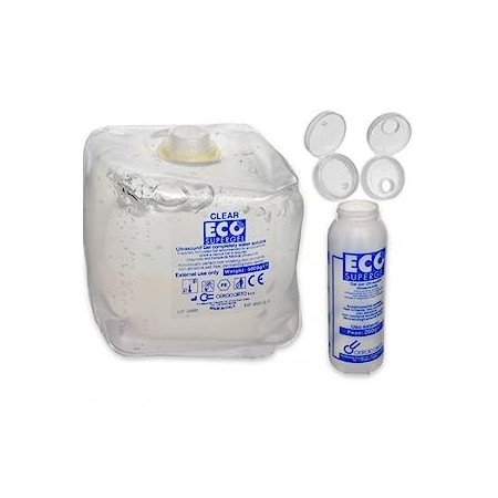 Gel transparent pour ultrasons et lumière pulsée eco supergel clear en sac de 5 litres.