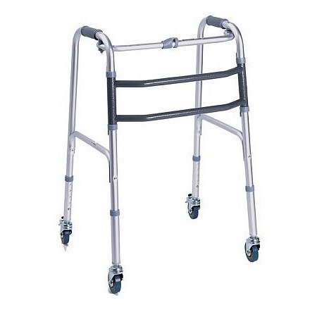 Folding walker with 4 swivel wheels, 2 of which with brakes
