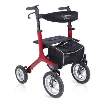 ERMES folding rollator (red) made of aluminium with 4 pneumatic wheels