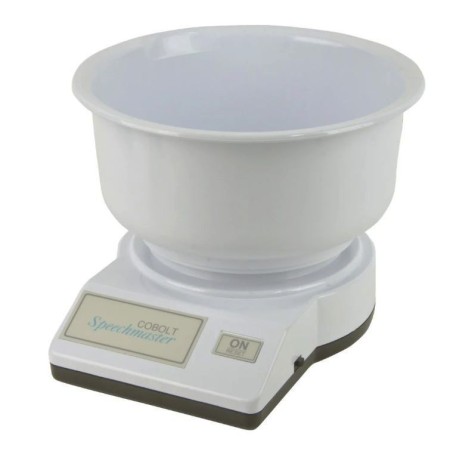 Cântar electronic de bucătărie vorbitor pentru persoanele cu deficiențe de vedere, cu alimentare și recipient