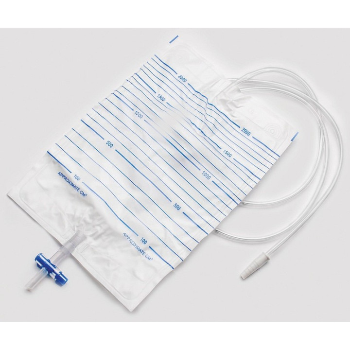 2000 ml Urinbeutel mit 90 cm Schlauch und Rückflussverhinderer - Packung mit 10 Stück.