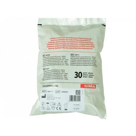 Cateter externo para homens, látex - diâmetro 35 mm - pacote com 30 unidades.