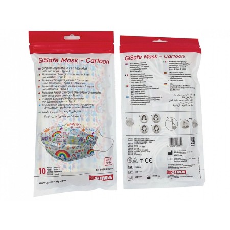 Gisafe filtrierende chirurgische maske 98% 3-lagig typ iir mit gummibändern - erwachsene - karikatur - flowpack - packung mit 10
