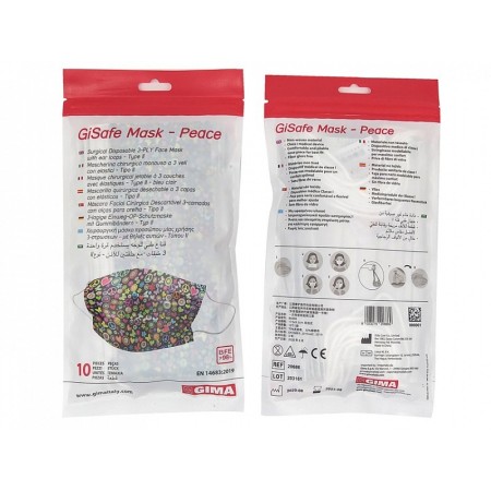 Gisafe masque chirurgical filtrant 98% 3 plis type iir avec élastiques - adultes - paix - flowpack - paquet de 10 pcs.