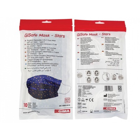 Gisafe 98% 3-ply filtering surgical mask type iir with elastic bands - adults - stars - flowpack - pack 10 pcs.