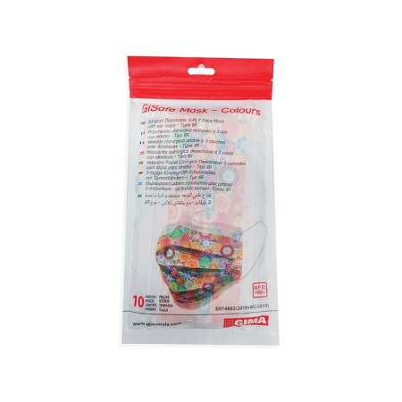 Masque chirurgical filtrant gisafe 98% 3 plis type iir avec élastiques - adultes - couleurs - flowpack - pack 10 pièces.