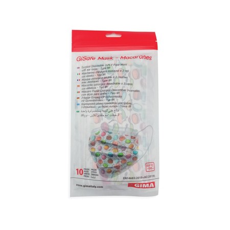 Mascarilla quirúrgica filtrante gisafe 98% 3 capas tipo iir con gomas elásticas - adultos - macarones - flowpack - pack 10 uds.