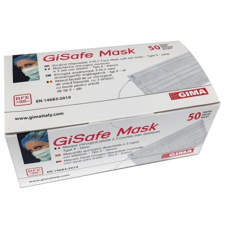 Gisafe filtrierende chirurgische maske 98% 3-lagig typ iir mit gummibändern - erwachsene - weiß - box - packung mit 50 stk.