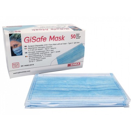 Mascarilla quirúrgica filtrante gisafe 98% 3 capas tipo iir con gomas elásticas - adultos - azul claro - caja - pack 50 uds.
