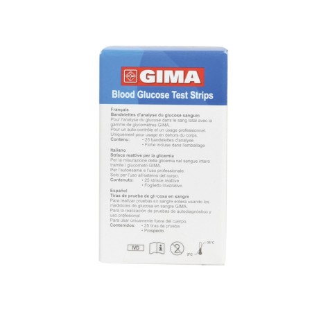 Tiras de glicose para medidor de glicose no sangue gima - embalagem 25 unidades.