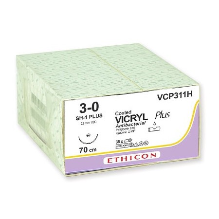 Ethicon vicryl plus resorbeerbare hechtdraad - 3/0 naald 22 mm - verpakking van 36 stuks.