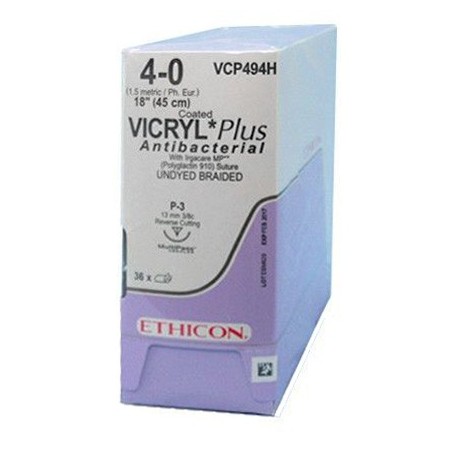 Ethicon vicryl plus absorberbar sutur - 4/0 nål 13 mm - flettet - pakke 36 stk.