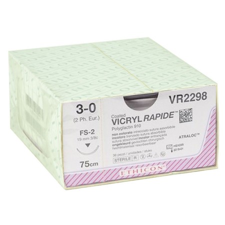 Ethicon vicryl snel resorbeerbare hechtdraad - 3/0 naald 19 mm - verpakking van 36 stuks.