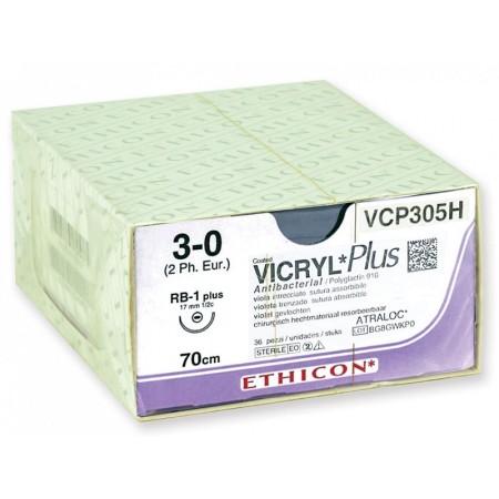 Fil de suture résorbable en 56 à 70 jours ethicon vicryl plus vcp305h - aiguille 3/0 17 mm - boîte de 1 fil