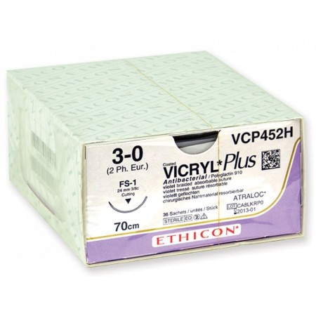 Vstřebatelný steh za 56-70 dní ethicon vicryl plus vcp452h - jehla 3/0 24 mm - balení po 1 ks