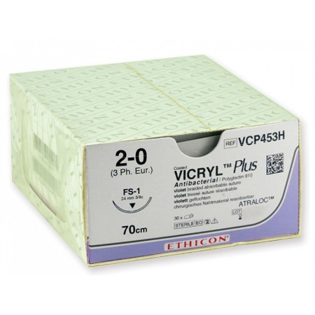 Vstřebatelný steh za 56-70 dní ethicon vicryl plus vcp453h - jehla 2/0 24 mm - balení po 1 ks