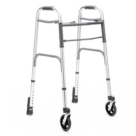 Foldable walker, height-adjustable with 2 swivel castors and 2 tips with self-locking system