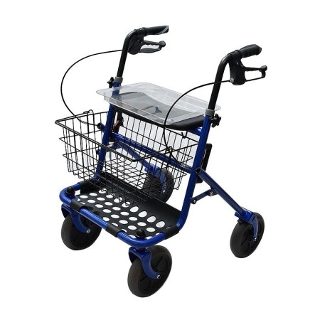Blue folding steel rollator walker with 4 wheels