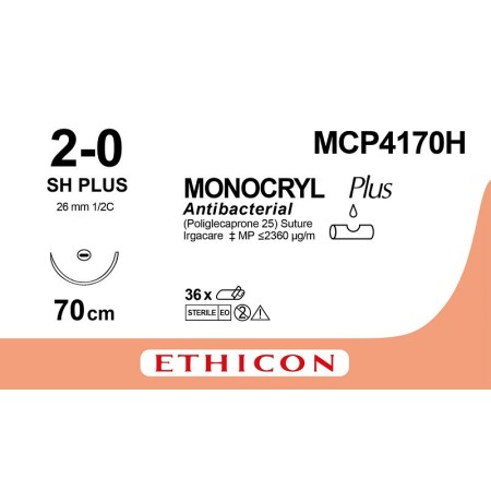 Fil de suture monocryl plus 2-0 mcp4170h sh 70 cm violet - aiguille 2/0 26 mm - paquet de 1 fil de suture