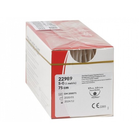 Truglyde snelhechtende draad, dikte 5/0, 1/2 gebogen, naald 17 mm - 75 cm - kleurloos - verpakking van 12 stuks.
