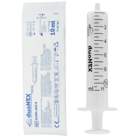 Bezihličková striekačka 10 ml duonex s excentrickým luer kužeľom - 100 kusov