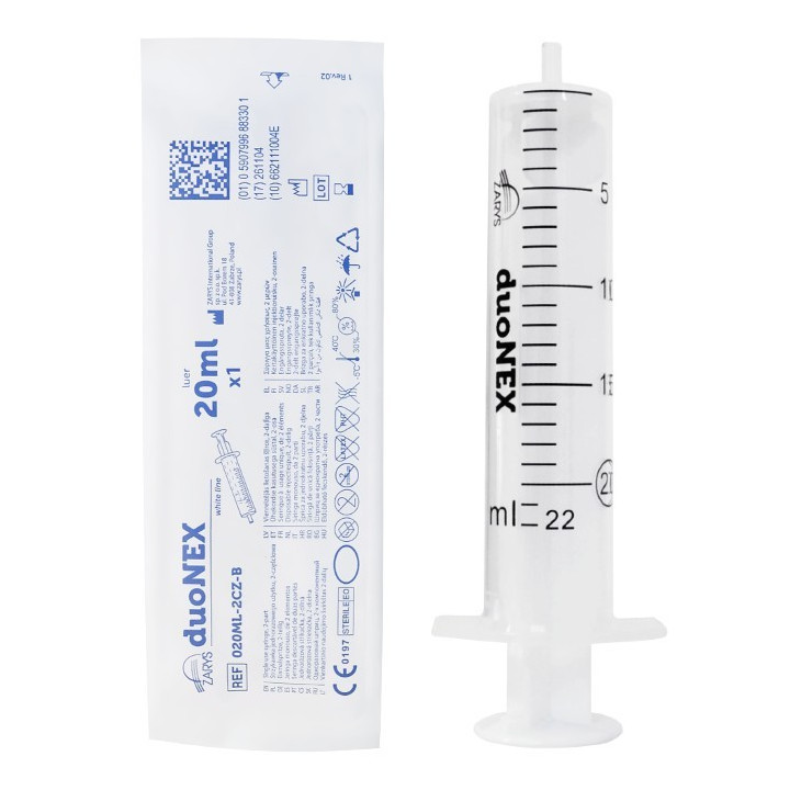Seringa duoNEX sem agulha de 20 ml com cone Luer excêntrico - 100 unidades