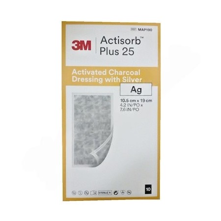 3M Actisorb Plus 25 Opatrunek z węglem aktywnym ze srebrem, MAP190, 10,5 cm x 19 cm - 10 szt.