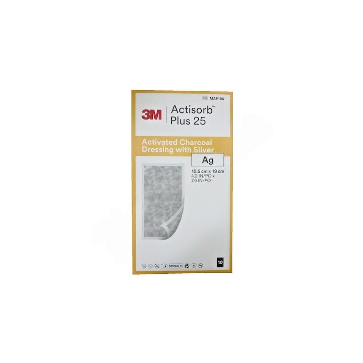 3M Actisorb Plus 25 Activated Charcoal Dressing with Silver, MAP190, 10.5 cm x 19 cm - 10 pcs.
