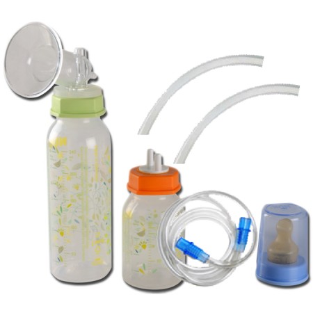 Kit mamilat com mamadeira, pote vazio, tubo e bico de chupeta.